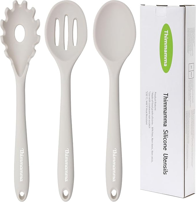 Silicone Cooking Spoons, Heat Resistant Large Silicone Pasta Slotted Spoon Solid Basting Spoon set for Nonstick Cookware, BPA Free Black Kitchen Silicone Spoons set for Mixing, Serving, Draining White