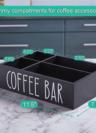 ALEION Coffee Station Organizer - Wood Countertop Accessories Organizer with Removable Dividers for Pods Condiment Syrup Tea Cups Stirrers - for Farmhouse Coffee Bar Decor
