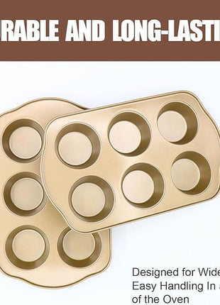 Jumbo Muffin Pan 2 Pack, Nonstick Large Cupcake Pan 6 Cup, Heavy Duty 0.5mm Thick Steel Big Muffin Tins for Baking, 3.5inch Dia, Gold