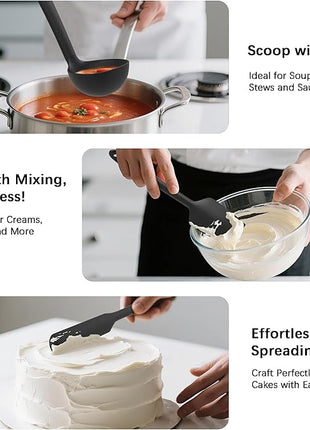 Coukre Silicone Kitchen Cooking Utensils Set with Holder – Heat-Resistant, Food-Grade Kitchen Tools, Spatula, Spoon & Gadgets for Non-Stick Pans, Dishwasher Safe (14, PureBlack)