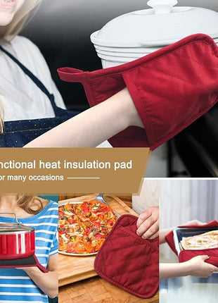 Cotton and Neoprene Oven Pads Pot Holders with Pocket 8"x8.5" Dual-Function Hot Pad Set for Finger Hand Wrist Protection Heat Resistant to 428°F Red