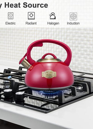 Whistling Tea Kettle Stainless Steel Teapot, Teakettle for Stovetop Induction Stove Top, Fast Boiling Heat Water Tea Pot 2.5 Quart(Red)