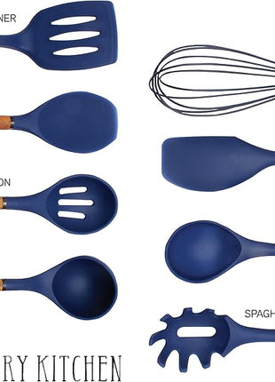 Country Kitchen Non Stick Silicone Utensil Set with Rounded Wood Handles for Cooking and Baking, 8 Piece Set, Navy