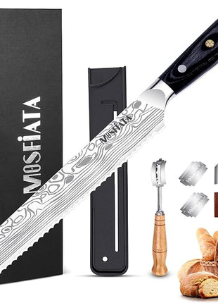 MOSFiATA Bread Knife 8” Ultra Sharp Serrated Knife, German High Carbon Stainless Steel EN1.4116 Bread Slicer with Bread Lame, Micarta Handle, For Bread, Cake, Bagels