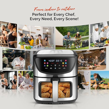 8.5QT Air Fryer, View Window, Multifunctional Large Family Size Capacity for 4-8 People, Stainless Steel Square Basket, 10-in-1 Smart Digital Presets for Air frying, Bake, Roast, Reheat