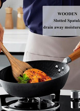 Wooden Spatula Nonstick Turner Acacia Wood, 12" Long Handle Flat Frying Spatulas Handmade for Kitchen Gifts, Ideal Cookware Utensils for Cooking Eggs, Fish, Pancakes, 2 Pack