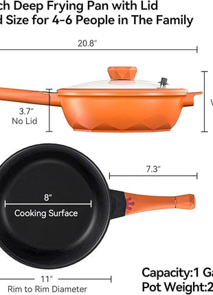 TIBORANG 8 in 1 Multipurpose 11 Inch 5 Quart Heat Indicator Nonstick Deep Frying Pan with Glass Lid,Stay-cool Handle,Steamed Grid,PFOA-Free,Dishwasher&Oven Safe,Works with All Stovetops(Tangerine)