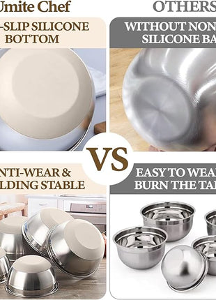 Umite Chef Mixing Bowls with Airtight Lids Set, 8PCS Stainless Steel Khaki Nesting Bowls with Grater Attachments, Kitchen Bowls with Non-Slip Bottoms, Size 5, 4, 3.5, 2, 1.5QT for Mixing & Serving