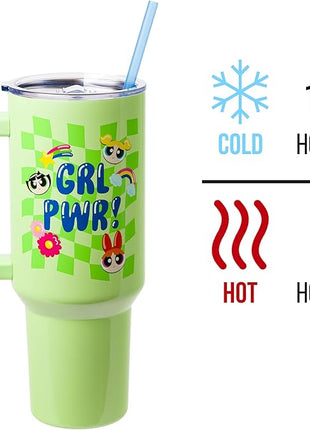 Silver Buffalo Powerpuff Girls Girl Power Groovy Retro Featuring Blossom, Bubbles, and Buttercup Stainless Steel Tumbler with Handle and Straw, Fits in Standard Cup Holder, 40 Ounces