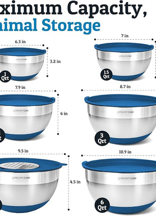 Priority Chef 6Pc Large Mixing Bowls With Lids Set with Non-Slip Bases, Stainless Steel Mixing Bowl Set, 6 Airtight Lids and 3 Graters, Blue