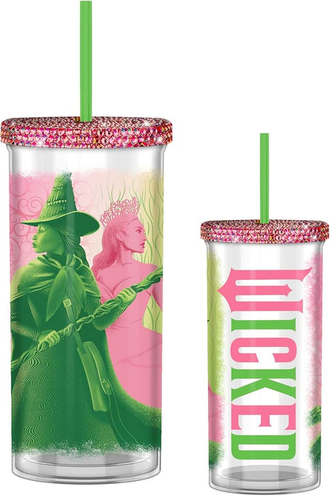 Silver Buffalo Wicked Core Elphaba and Glinda Split Patterns Rhinestone Lid 20oz Plastic Tall Cold Cup w/Lid and Straw