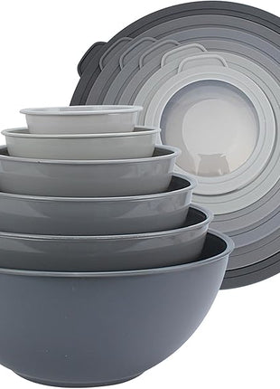 COOK WITH COLOR Mixing Bowls Set with TPR Lids - 12 Piece Plastic Nesting Bowls Set includes 6 Prep Bowls and 6 Lids, Microwave Safe (Grey)