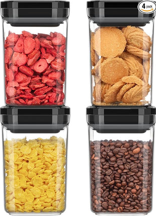 MR.SIGA 4 Pack Airtight Food Storage Container Set, BPA Free Kitchen Pantry Organization Canisters, One-handed Airtight Cereal Snack Candy Storage Containers, 1 L / 34oz, Medium, Black