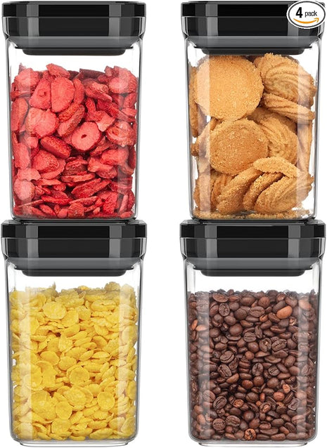 MR.SIGA 4 Pack Airtight Food Storage Container Set, BPA Free Kitchen Pantry Organization Canisters, One-handed Airtight Cereal Snack Candy Storage Containers, 1 L / 34oz, Medium, Black