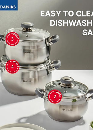 Daniks Modern 6-Piece Stainless Steel Induction Cookware Set – Dishwasher Safe Pots with Heatproof Handles, Glass Lids, Silver