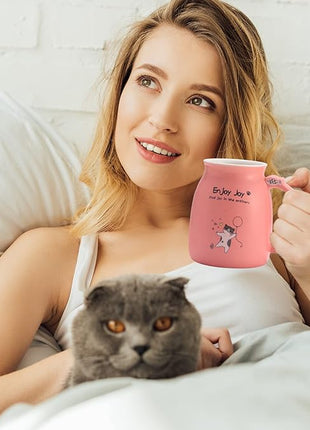 Bgbg Novelty Cat Mug Cute Ceramic Coffee Cup with Kawaii Wooden Kitty Lid, Lovely Claw Spoon, Anime Wooden Coaster, Pink Birthday Mug Gift for Cat Lovers Girl Kids Women 480ML (Pink)