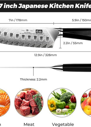 SHAN ZU Damascus Chef Knife Santoku Knife 7 Inch Professional Multifunction Kitchen Knives, 67 Layers Damascus Stainless Steel 10Cr15CoMoV Super Sharp Cooking Knife with G10 Handle/Gift Box