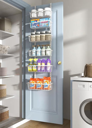 12 Inch Wide Narrow Over The Door Pantry Organizer, Pantry Organization and Storage, 6-Tier Metal Hanging Deep Basket Wall Spice Rack Seasoning Shelves, Home & Kitchen Essentials, White