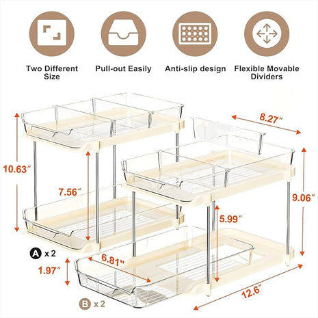Delamu 2-Tier Multi-Purpose Bathroom Under Sink Organizers and Storage, Stackable Kitchen Pantry Organization, Pull Out Medicine Cabinet Organizer with Movable Dividers, Beige, 4 Pack