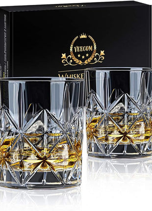Whiskey Glass Set of 2, veecom 10 oz Crystal Whiskey Glasses Thick Bottom Bourbon Glasses Old Fashioned Rocks Glass Tumbler for Scotch, Cocktail, Liquor, Home Bar Whiskey Gifts for Men (Glass Set 2)