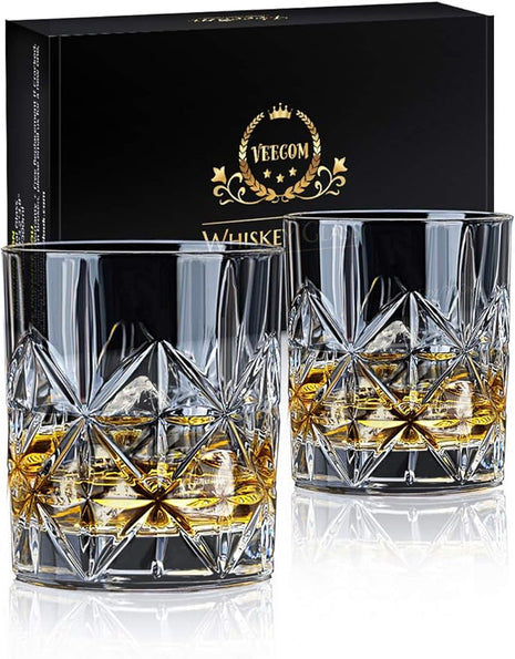Whiskey Glass Set of 2, veecom 10 oz Crystal Whiskey Glasses Thick Bottom Bourbon Glasses Old Fashioned Rocks Glass Tumbler for Scotch, Cocktail, Liquor, Home Bar Whiskey Gifts for Men (Glass Set 2)