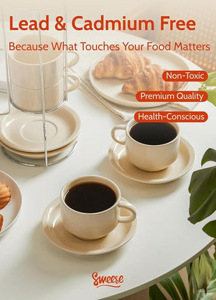 Sweese 8oz Porcelain Cappuccino Cups Set with Saucers, Metal Stand - Stackable, Durable for Coffee, Latte, Tea - Beige, 4 Pack