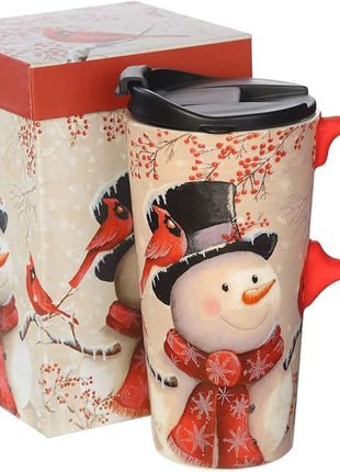 Topadorn Christmas Ceramic Travel Mug Porcelain Coffee Cup with Spill-proof Lid and Gift Box for Holiday,Snowman&Cardinal