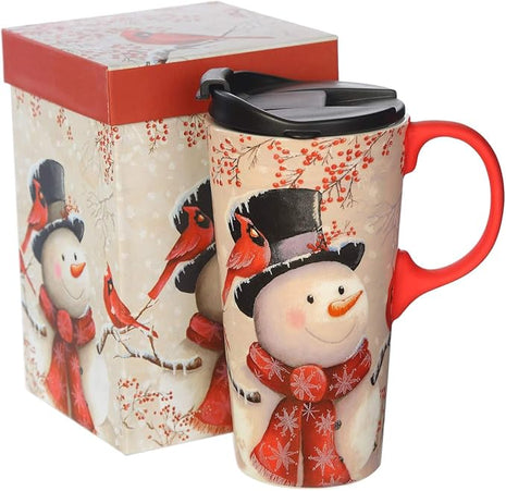 Topadorn Christmas Ceramic Travel Mug Porcelain Coffee Cup with Spill-proof Lid and Gift Box for Holiday,Snowman&Cardinal