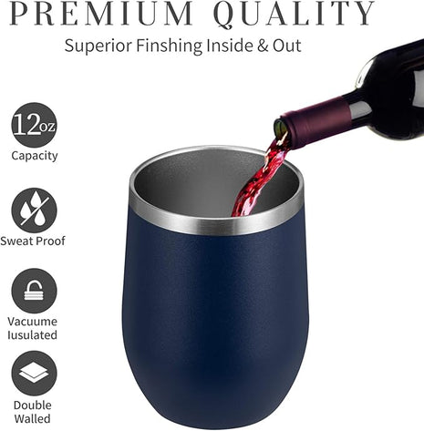 MEWAY Stemless 12oz Wine Tumbler Glasses with Lid -Insulated Double Wall Vacuum Stainless Steel Travel Tumbler with Straw,for Woman Under 10 dollars (Navy,1)