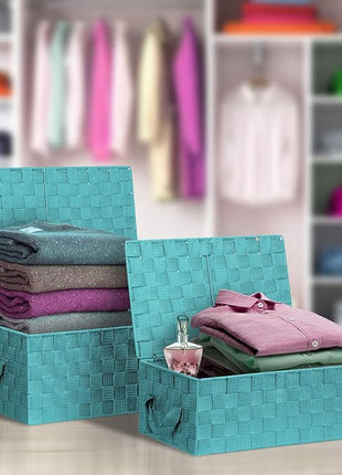 Sorbus Set of 3 Hand-Woven Storage Baskets with Lids (Aqua) – Mesh Bins for Closet, Shelf, or Pantry Organization – Variety Pack for Home and Office Storage