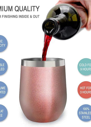 CHILLOUT LIFE 12 oz Stainless Steel Wine Tumbler with Lid - Double Wall Vacuum Insulated Wine Cup Glass Keeping Cold & Hot for Coffee, Champagne, Cocktails, Ice Cream - Rose Gold
