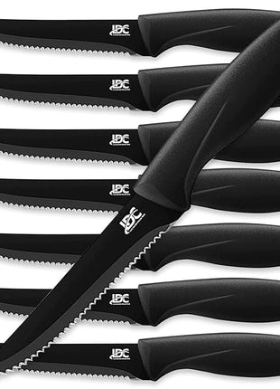 LDC Serrated Steak Knives Set of 8, Elegant Black Ultra Sharp Knives, Dishwasher Safe Stainless Steel Dining Knife Set