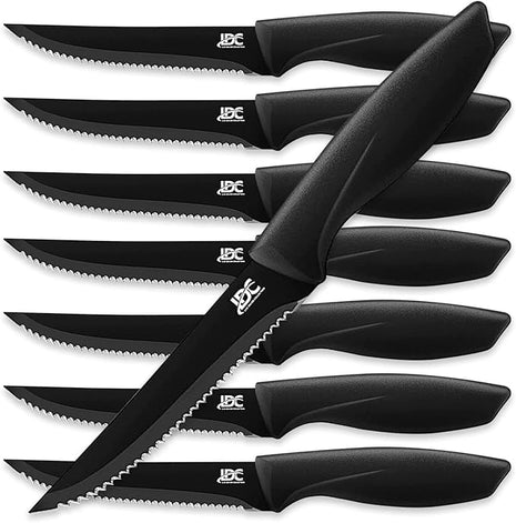 LDC Serrated Steak Knives Set of 8, Elegant Black Ultra Sharp Knives, Dishwasher Safe Stainless Steel Dining Knife Set