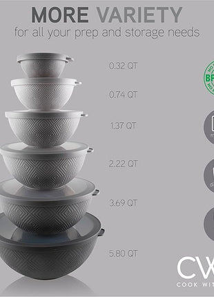 COOK WITH COLOR Mixing Bowls with Lids - 12 Piece Plastic Nesting Bowls Set includes 6 Prep Bowls and 6 Lids, Rhombus Design - Microwave Safe (Grey)