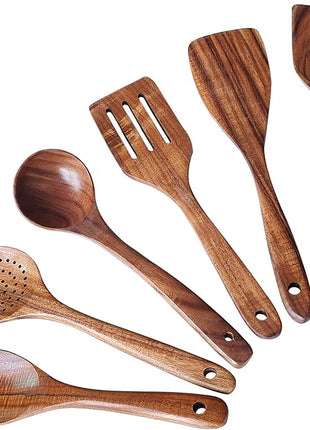 Wooden Spoons for Cooking 6 Piece, Natural Kitchen Utensils Spatula, Smooth Finish Wooden Cooking Utensils Spoons, Filter Spoon, Salad Fork