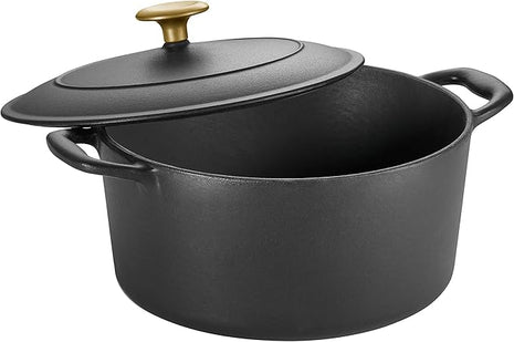 Tramontina Bestow Enameled Cast Iron Dutch Oven Pot with Lid, Round 5.5-quart, Matte Black with Gold Knob