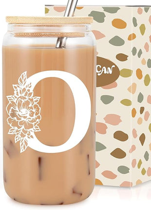Coolife Initial Glass Cup, Monogrammed Gifts for Women, 16 oz Glass Cups w/Lids Straws, Iced Coffee Smoothie Beer Tumbler w/Straw Lid - Personalized Christmas, Birthday Gifts for Her Mom Friend Woman