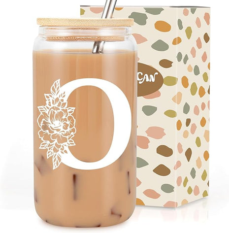 Coolife Initial Glass Cup, Monogrammed Gifts for Women, 16 oz Glass Cups w/Lids Straws, Iced Coffee Smoothie Beer Tumbler w/Straw Lid - Personalized Christmas, Birthday Gifts for Her Mom Friend Woman