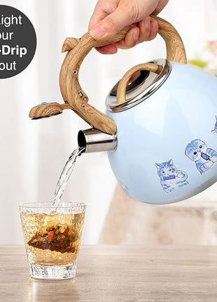 Tea Kettle, Toptier Teapot Whistling Kettle with Wood Pattern Handle Loud Whistle, Food Grade Stainless Steel Tea Pot for Stovetops Induction Water Kettle, 2.7-Quart Blue Cat