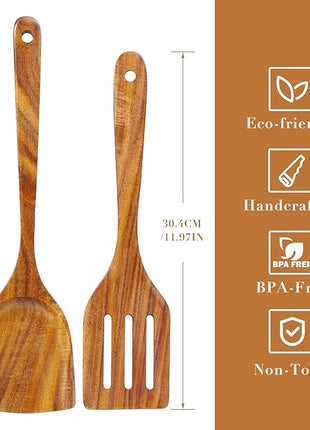 FJNATINH 2 Pcs Wooden Spatula Set for Cooking, Natural Teak Spatula and Slotted Turner for Non-stick Cookware, Kitchen Cooking Utensils for Frying Flipping Pancake Spatula
