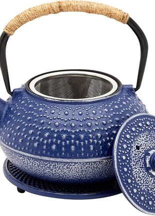 Juvale Cast Iron Teapot with Infuser - Blue, 27 oz (800 mL) - Stovetop Tea Kettle for Loose Leaf Tea - Includes Stainless Steel Infuser & Trivet