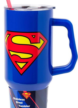 Silver Buffalo DC Comics Superman Logo Stainless Steel Tumbler with Handle and Straw, Fits in Standard Cup Holder, 40 Ounces