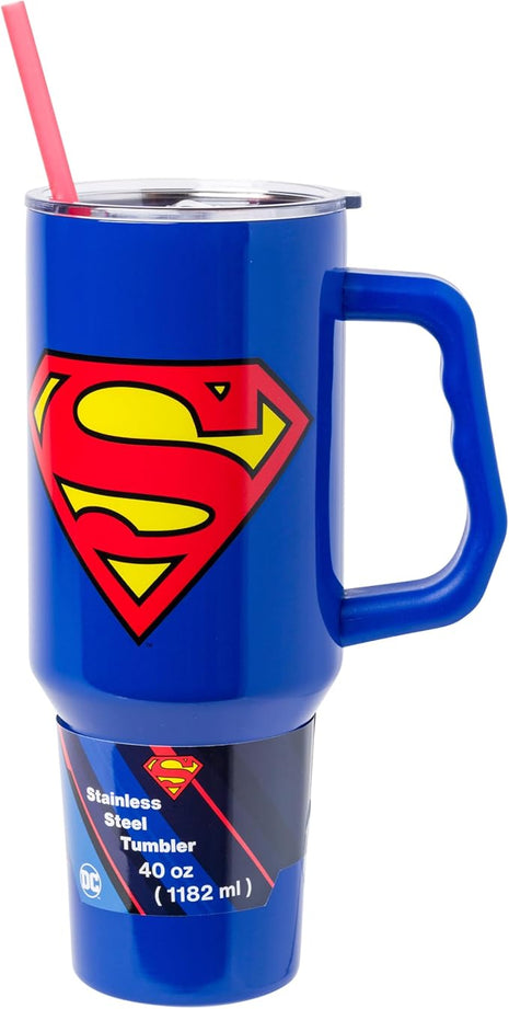 Silver Buffalo DC Comics Superman Logo Stainless Steel Tumbler with Handle and Straw, Fits in Standard Cup Holder, 40 Ounces