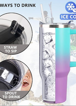 SYACOT 40 oz Tumbler with Handle and Straw Stainless Steel Insulated Tumbler Leak Proof Lid and Straw Lid Reusable Travel Mug Coffee Mug Cup Dishwasher Safe Keep Drinks Cold and Hot (Green Purple)