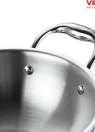 Vinod Platinum Triply Stainless Steel Kadai | Suitable For Indian Cooking, Sauces, Stews, Soups | Extra Deep Kadai With Lid | Induction, Electric Friendly (22cm)