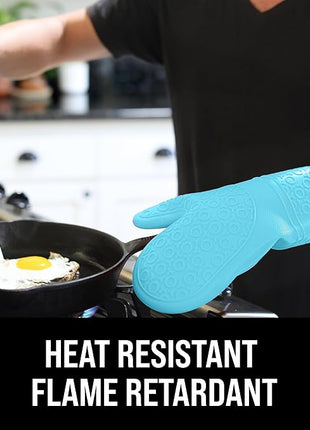 BPA-Free Soft Silicone Oven Mitts - Ultra Heat Resistant Oven Mitts with Thick Cotton Liner - Extra Long Slip Resistant Pot Holders, Flexible Oven Gloves - Aqua/Black 14.7"