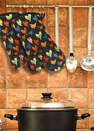 Oven Mitts Gloves 1 Pair Heat Resistant 480 ℉ Non Slip Clear Silicone Printed Rooster Comfortable Cotton Lining Kitchen Men Cooking Barbecue Machine Washable (Rooster, Black Mittens)
