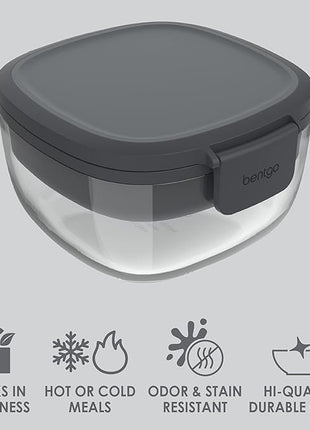 Bentgo Glass All-in-One Salad Container - Large 61-oz Salad Bowl with Lid, 4-Compartment Bento-Style Tray, 3-oz Sauce Container, and Reusable Fork - Dishwasher, Microwave, and Oven Safe (Dark Gray)