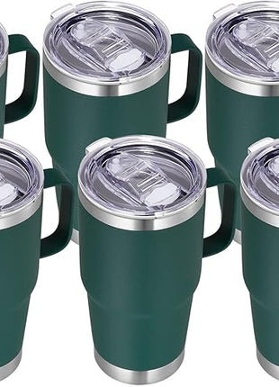 VEGOND 20 oz Tumbler Bulk with Handle Lid and Straw, Stainless Steel Insulated Travel Coffee Mug Set, Spill Proof Double Wall Metal Tumblers Cups, Dark Green 6 Pack