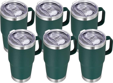 VEGOND 20 oz Tumbler Bulk with Handle Lid and Straw, Stainless Steel Insulated Travel Coffee Mug Set, Spill Proof Double Wall Metal Tumblers Cups, Dark Green 6 Pack